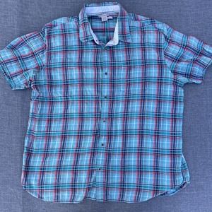 Carbon 2 Cobalt Men's XXL Button Shirt Flannel BLUE Green Short Sleeve Cotton
